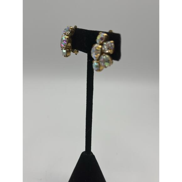 Vintage Open Back Aurora Borealis Rhinestone Clip On Earrings Gold Tone Brass - Picture 4 of 4